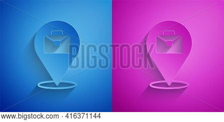 Paper Cut Online Working Icon Isolated On Blue And Purple Background. Freelancer Man Working On Lapt