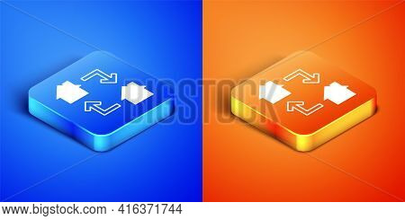 Isometric Online Working Icon Isolated On Blue And Orange Background. Freelancer Man Working On Lapt