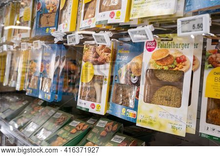 Lucerne , Switzerland - February 23 2021: Various Vegan Foods In The Rack Of A Supermarket That Look