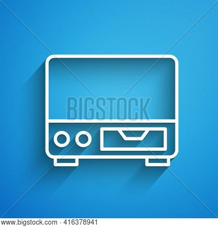 White Line Old Video Cassette Player Icon Isolated On Blue Background. Old Beautiful Retro Hipster V