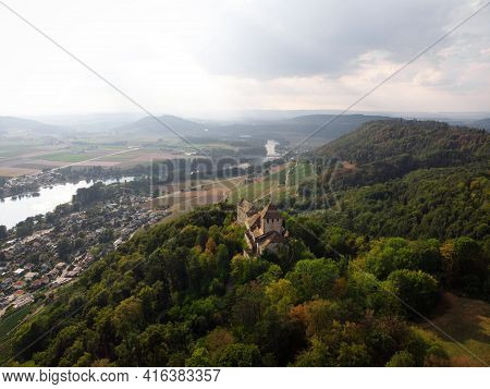 Aerial Panorama View Of Ancient Historic Medieval Castle Burg Hohenklingen In Colorful Forest Stein 