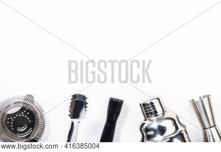 Steel Bar Tools And Accessories For Making Cocktail. Shaker, Jigger, Strainer, Spoon, Tongs, Muddler