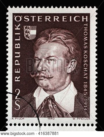 ZAGREB, CROATIA - SEPTEMBER 09, 2014: Stamp issued in the Austria shows the 125th Anniversary of the Birth of Thomas Koschat, circa 1970.