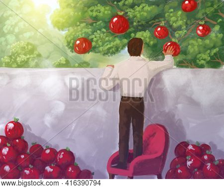 Illustration, Metaphor Of Greed, Accumulation, Overabundance, Excess, Hoarding. Man Picking Fruit