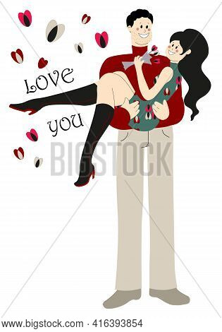 Man In Love Holding A Woman In His Arms. Vector Postcard.