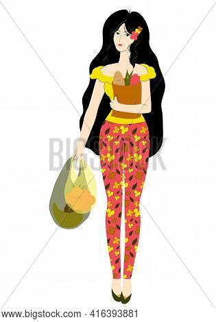 Beautiful Woman Going Out Of Market With Packages Of Healthy Food