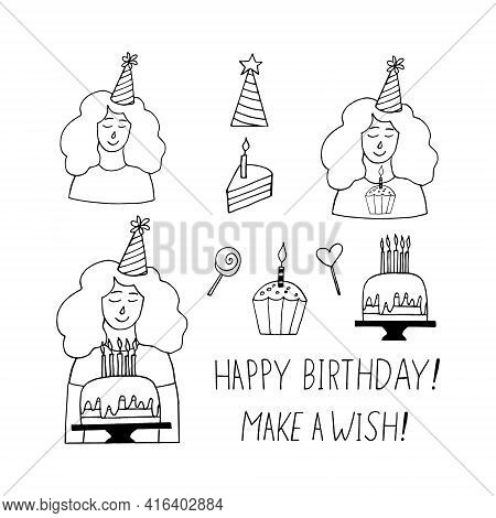 Young Woman In A Party Hat, Cake With Burning Candles, Cupcake, Lettering To Make A Wish, Happy Birt