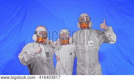 Family Shield Protect, To Save Life From Virus. People Portrait, Wearing Protect Medical Aerosol Spr