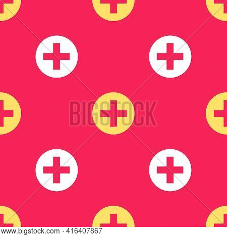 Yellow Cross Hospital Medical Icon Isolated Seamless Pattern On Red Background. First Aid. Diagnosti