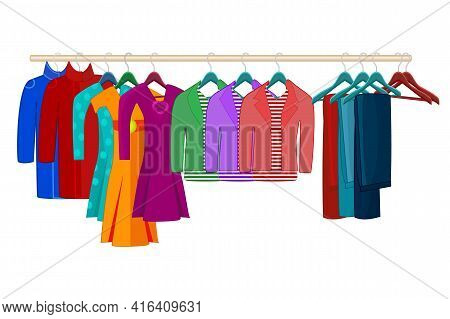 Clothes On Hangers Isolated On White Background. Clothes And Accessories Fashion Set. Racks With Dif