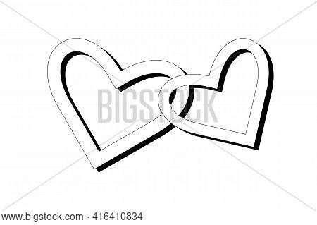 Two Hearts Black And White. Romantic Individual Element, Combination Of Hearts With A Black Shadow. 