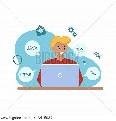 A Man Is Working On A Laptop. Vector Illustration On The Theme Of Freelancing, Office At Home. Day O
