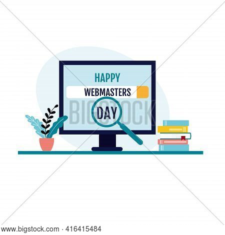 Happy Day Of The Webmaster. A Laptop With A Congratulatory Message. The Computer Is On The Desktop.