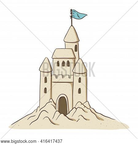 Hand Drawn Yellow Sand Castle With Blue Flag. Line Drawing Sand Sculpture Isolated Vector Illustrati