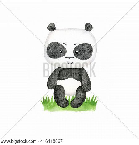 Baby Giant Panda Watercolor Illustration. Cute Teddy Bear For Sublimation Design. Children Print