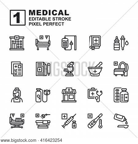 Icon Set Medical Made With Line Black Technique, Contains A Hospital, Bed, Stretcher, Pharmacy, Mri,