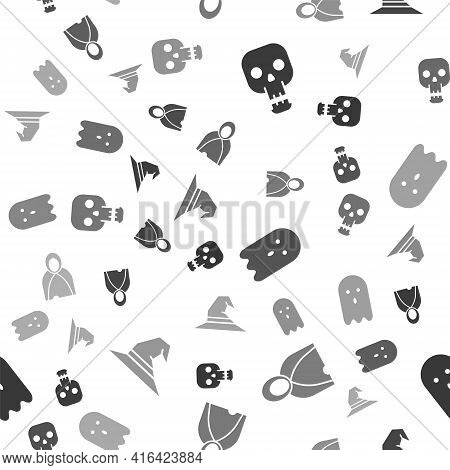 Set Skull, Mantle, Cloak, Cape, Ghost And Witch Hat On Seamless Pattern. Vector