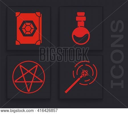 Set Magic Wand, Ancient Magic Book, Bottle With Love Potion And Pentagram In A Circle Icon. Vector