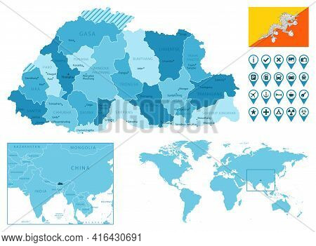 Bhutan Detailed Administrative Blue Map With Country Flag And Location On The World Map. Vector Illu