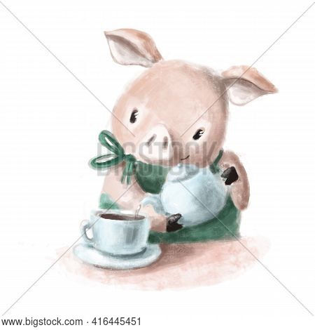 Cule Little Pig Preparing Tea, Lovely Hand Drawn Clipart, Childrens Watercolor Illustration