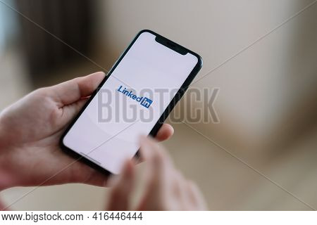 Chiang Mai, Thailand - Apr 11, 2021: Iphone Xs With Linkedin Application On The Screen. Linkedin Is 