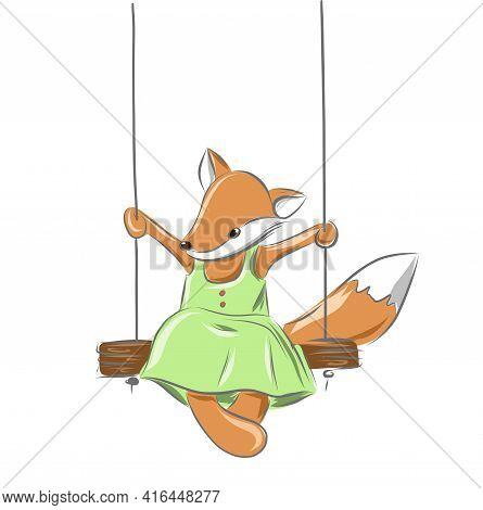 Cute Little Fox On The Swing, Hand Drawn Illustration, Caroon Character Clipart