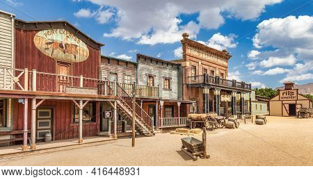 Almeria, Spain - Circa August 2020: Vintage Far West Town With Saloon. Old Wooden Architecture In Wi