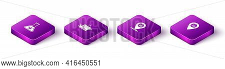 Set Isometric Test Tube With Marijuana, Cup Tea, Location And And Icon. Vector