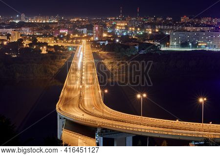 Nizhny Novgorod, Russia - 08.21.2020 - Nizhny Novgorod Rapid Transit Bridge Night Lights. Metro Brid
