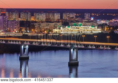 Nizhny Novgorod, Russia - 08.21.2020 - Nizhny Novgorod Rapid Transit Bridge Night Lights. Metro Brid