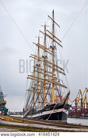 Kaliningrad, Russia - 11.28.2020 - Kruzenshtern Barque Ship Anchored In City Port. Beautiful Four-ma