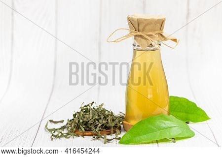 Kombucha Tea With Tiliacora Triandra Or Bamboo Grass Leaf, Cider Fermented Drink. Benefits Of Kombuc