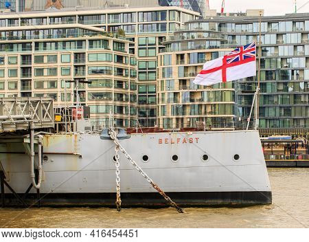 Hms Belfast Flying The Flag At Half Mast In Honour Of The Death Of Prince Philip, The Duke Of Edinbu