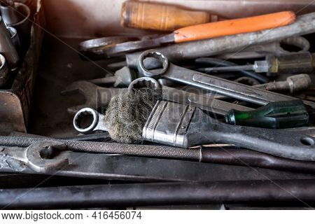Old Box With Tools Equipment On Floor Against For Fix Mechanic Motor In Workshop Inustrial