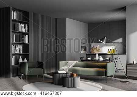 Dark Modern Kitchen Room Interior With Cupboard, Dinner Table, Empty White Poster, Bookcase, Comfort