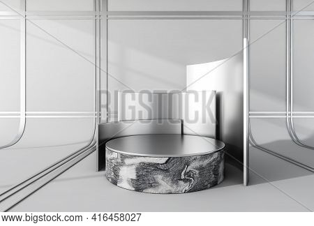 Silver Platform Stand With Marble Decoration. Luxury Grey Mockup Stand For Product Display, Advertis