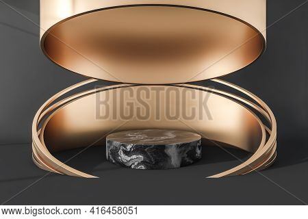 Black Marble Platform Stand With Golden Round Decoration Above. Luxury Gold Mockup Stand For Product