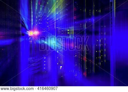 3d Renering Rack With Blade Behind Bars Mainframe In The Data Center