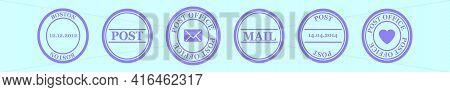 Set Of Postage Stamp Cartoon Icon Design Template With Various Models. Modern Vector Illustration Is