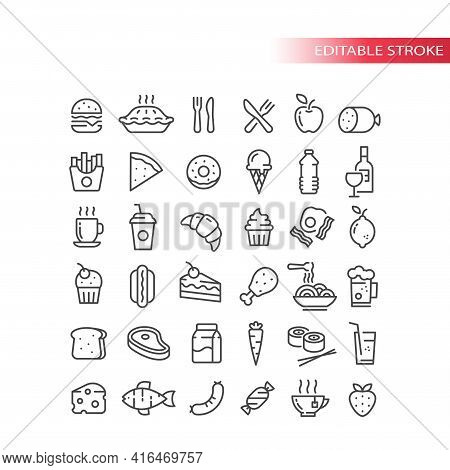 Fast Food, Drink And Groceries Line Vector Icon Set. Eggs, Bacon, Burger Fries Outline Symbols, Edit