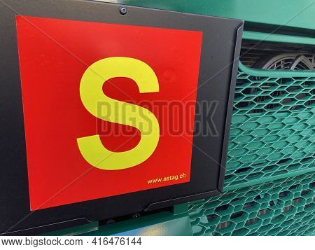 Sorengo, Ticino, Switzerland - 8th March 2021 : Close Up Of A Swiss S Truck Permission Sign Hanging 