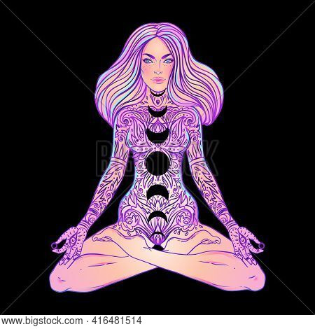 Young Woman Sits In Lotus Yoga Position. Triple Moon And Stars Inside Girl. Free Mind Concept. Vecto