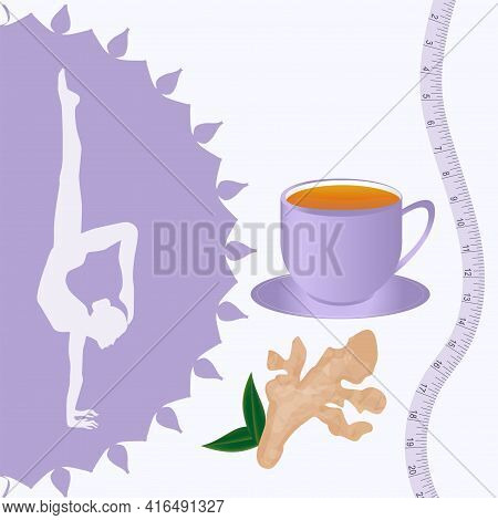 Ginger Root, Tea Cup, Yoga, Female Figure, Handstand, Measuring Tape - Vector. Medicinal Plant. Beau