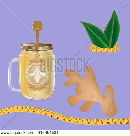 Ginger Root, Honey In A Glass Jar With A Handle, A Scoop, A Measuring Tape - Vector. Medicinal Plant