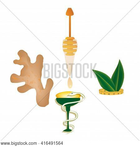 Ginger Root, Honey Drips With Drops From A Scoop, Pharmacy Symbol - Bowl And Snake, Measuring Tape -