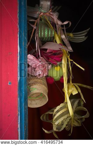 Street Shot Of Traditional Decoration On Door Of Monastery In Phongsali, Laos.