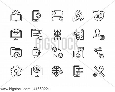 Simple Set Of Setup, Repair And Settings. Gear, Screwdriver And Wrench Line Icons. Tech Support, Set
