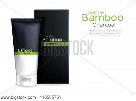 Vector 3d Realistic Cream In Tube Package, Luxury Cosmetics With Bamboo And Charcoal. Cleansing Mask