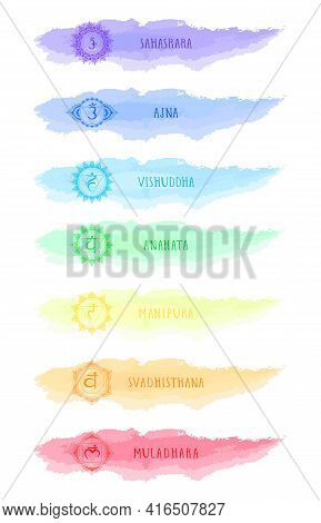Seven Chakra Symbols And Watercolor Blots. Color Image On A White Background.