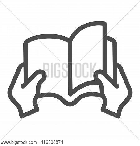 Book With Page In Hand Line Icon, Children Book Day Concept, Page In Hand Vector Sign On White Backg